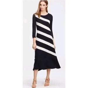 Ann Taylor Navy and White Diagonal Striped Wool Blend Sweater Dress XSP